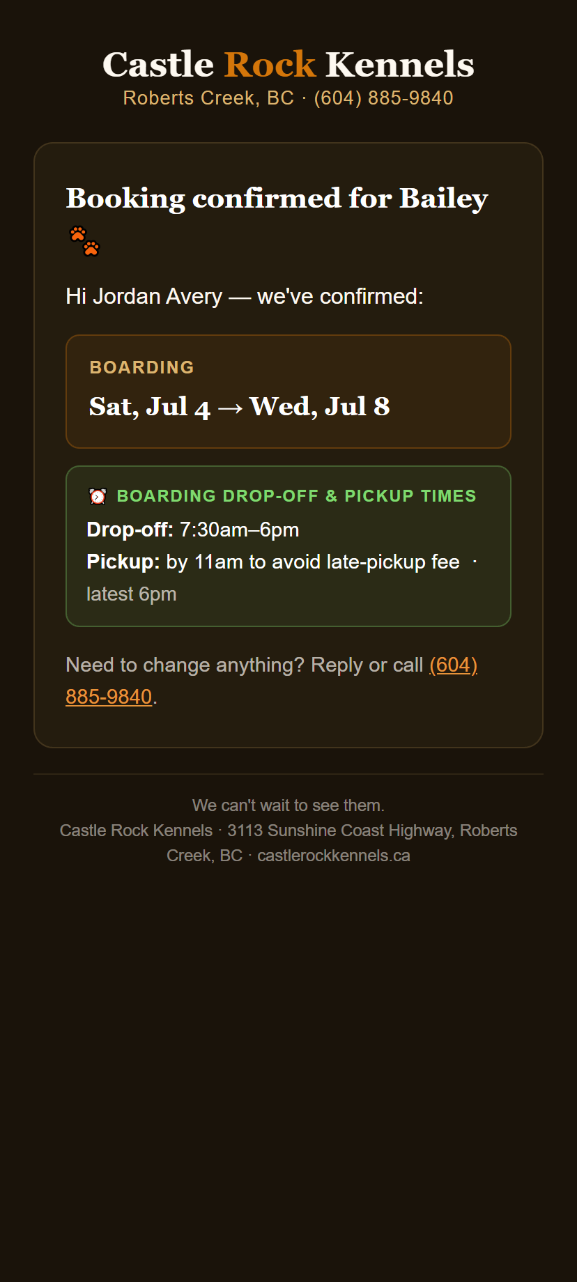 A branded booking-confirmation email