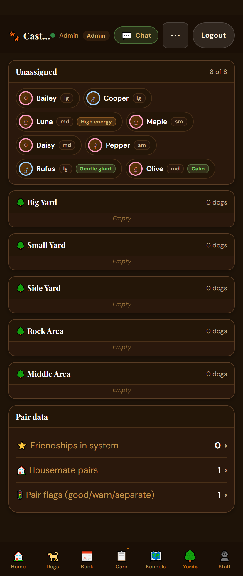 Drag-and-drop yard grouping board with conflict warnings